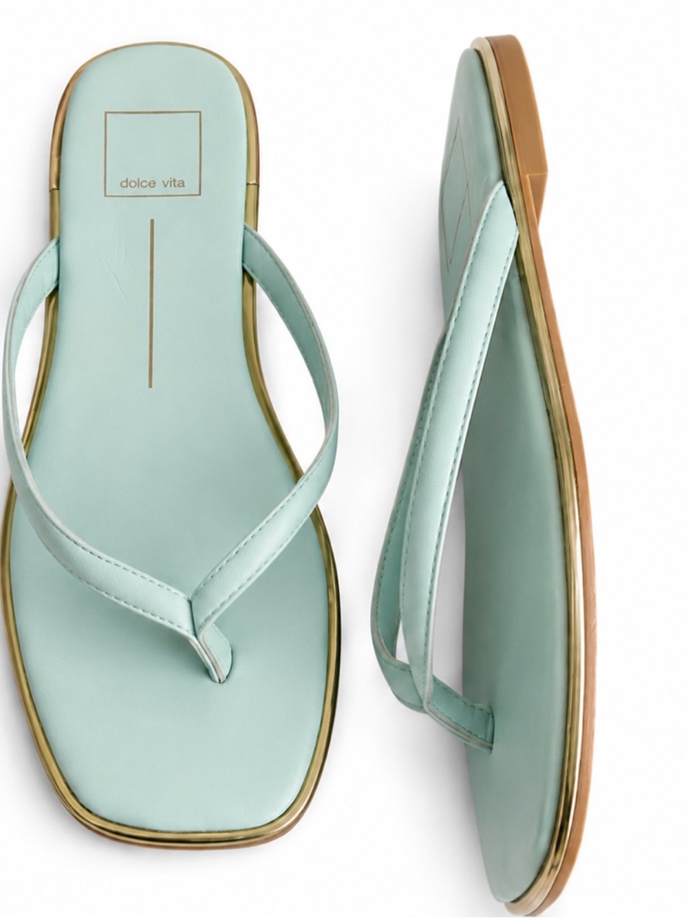 Dolce Vita Mint Leather Square-Toe Thong Sandals with Gold Trim